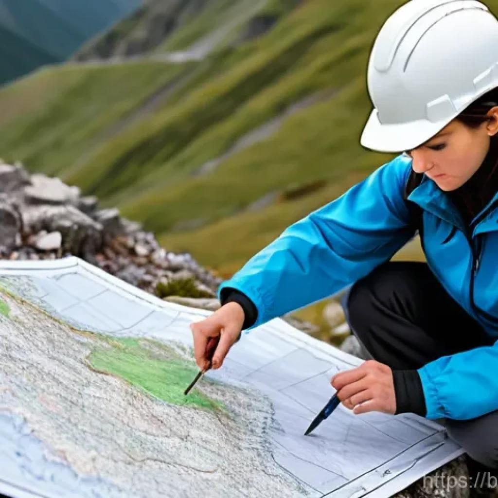 지구과학자 직무에 필요한 자격증 - **Prompt:** A focused female geoscientist, dressed in practical and modest outdoor field attire incl...
