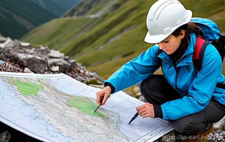 지구과학자 직무에 필요한 자격증 - **Prompt:** A focused female geoscientist, dressed in practical and modest outdoor field attire incl...