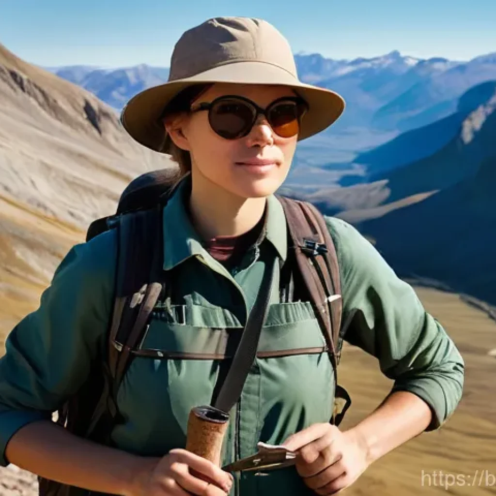 지구과학자 업무 사례 공유 - "A determined female geoscientist, in her late 20s, with short, practical hair, stands on a rugged m...