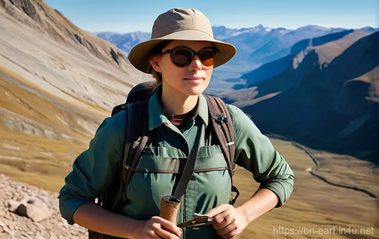 지구과학자 업무 사례 공유 - "A determined female geoscientist, in her late 20s, with short, practical hair, stands on a rugged m...