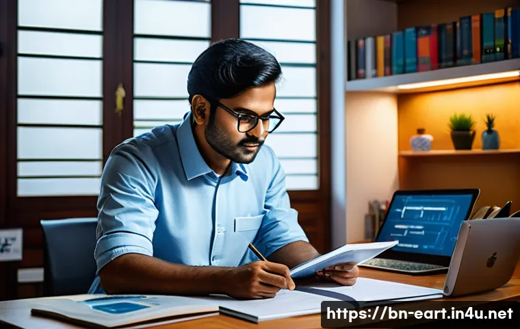 지구과학자 자기계발 방법 - A detailed and vibrant scientific research workspace showing a Bengali researcher attentively readin...