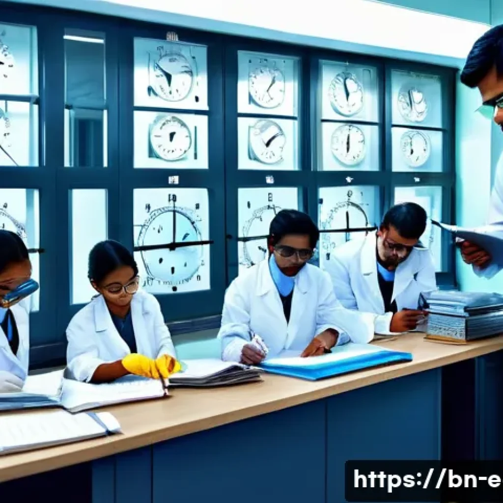 지구과학자 연구소 생활 팁 - A detailed laboratory scene showing a group of Bengali researchers wearing lab coats, gloves, and sa...