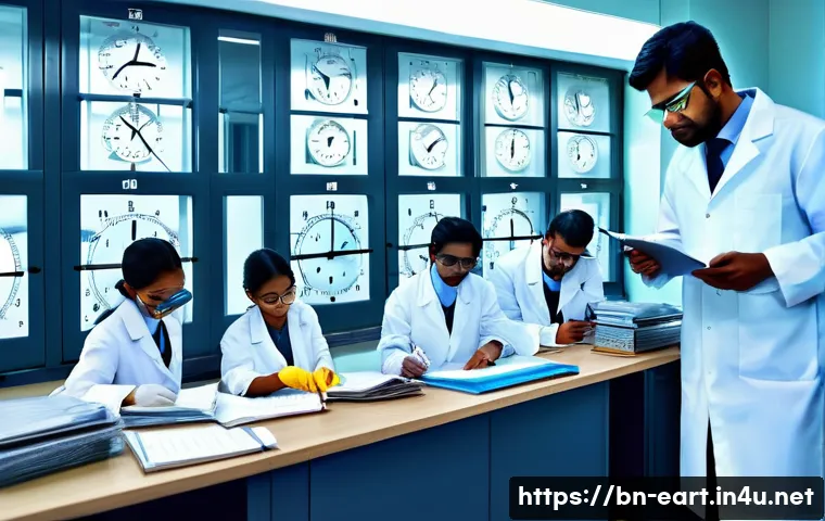 지구과학자 연구소 생활 팁 - A detailed laboratory scene showing a group of Bengali researchers wearing lab coats, gloves, and sa...
