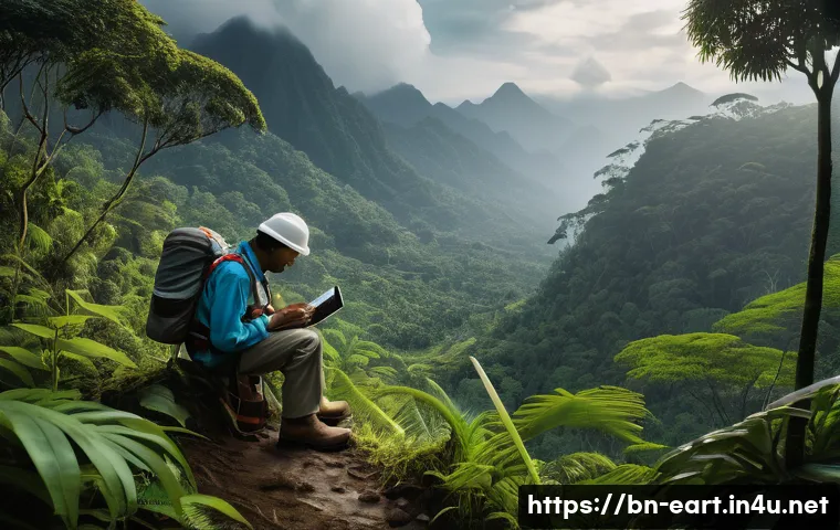 지구과학자 연구업무와 일상 업무 차이 - A detailed scene of a Bengali astronomer in a lush, challenging natural environment, wearing weather...