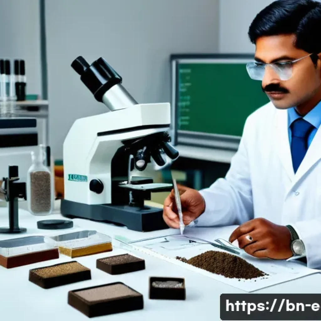 지구과학자 환경 관련 분야 진출 - A detailed scientific laboratory scene showing a Bengali geologist in professional attire examining ...
