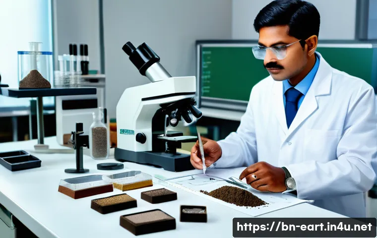 지구과학자 환경 관련 분야 진출 - A detailed scientific laboratory scene showing a Bengali geologist in professional attire examining ...