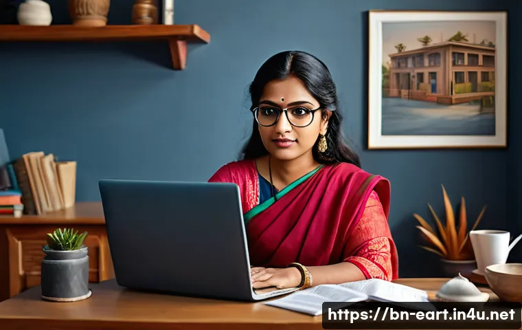 지구과학자 이직 시 필수 준비사항 - A professional Bengali woman in her early 30s, wearing smart casual attire and eyeglasses, attentive...