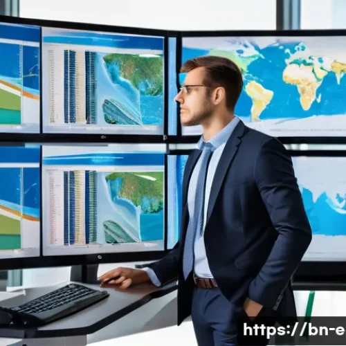 지구과학자 기업 연구직 진출 방법 - A professional corporate geologist in a modern office environment, analyzing large geodata sets on m...
