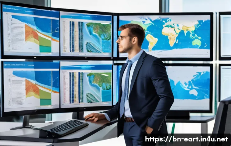 지구과학자 기업 연구직 진출 방법 - A professional corporate geologist in a modern office environment, analyzing large geodata sets on m...