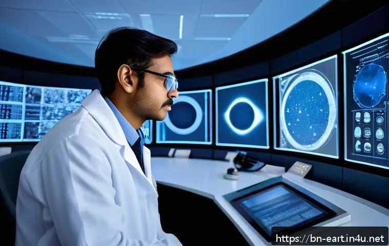 지구과학자 직무별 필수 능력 - A modern astronomer in a high-tech observatory, wearing professional attire including a lab coat and...
