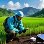 지구과학자 직업적 가치 - A detailed scientific field scene showing a Bengali earth scientist collecting soil samples in a lus...