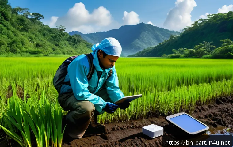 지구과학자 직업적 가치 - A detailed scientific field scene showing a Bengali earth scientist collecting soil samples in a lus...