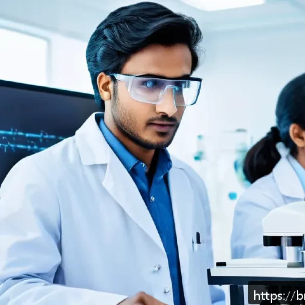 지구과학자 실무 능력 향상 방법 - A modern biology laboratory scene featuring a diverse group of young Bengali scientists in their mid...