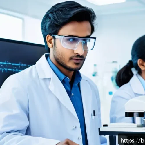 지구과학자 실무 능력 향상 방법 - A modern biology laboratory scene featuring a diverse group of young Bengali scientists in their mid...