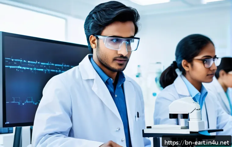 지구과학자 실무 능력 향상 방법 - A modern biology laboratory scene featuring a diverse group of young Bengali scientists in their mid...