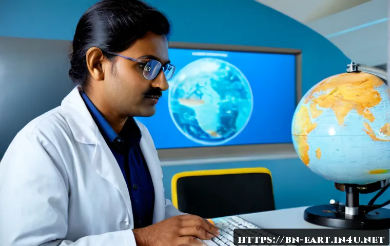 지구과학자 고급 연구 기술 - Photorealistic Earth scientist in a modern geoscience laboratory, studying a glowing 3D globe projec...