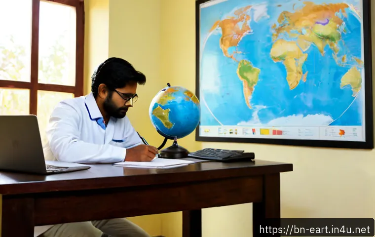 지구과학자 연구 논문 작성 팁 - Photorealistic Earth scientist writing a research paper at a clean modern desk, South Asian research...