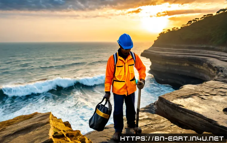 지구과학자 연구 주제 - Photorealistic Earth scientist examining layered rock formations and fossil-rich sediment on a coast...