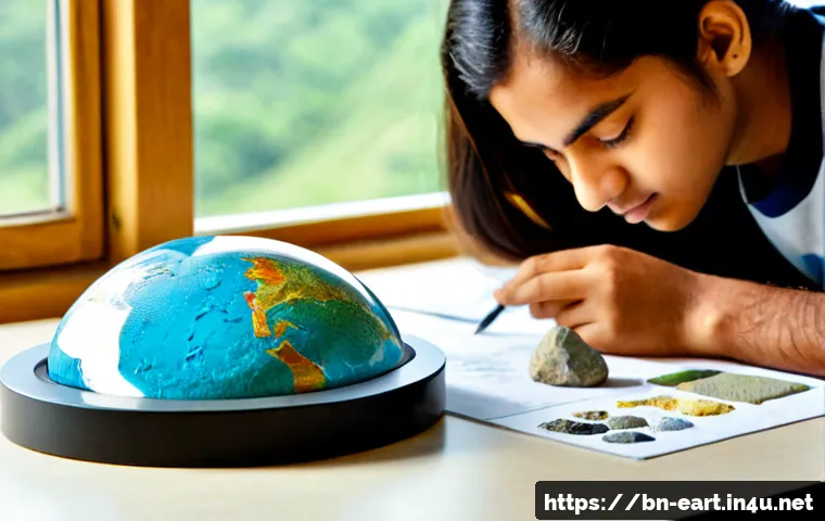지구과학자 중점 과목 - Photorealistic university geology laboratory, a focused Bengali young adult student in modest casual...